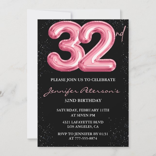 convites de aniversário de 32 anos Balão Rosa Glam (Frente)