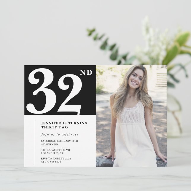 Convites de aniversário de 32 anos com foto Black  (Em pé/Frente)