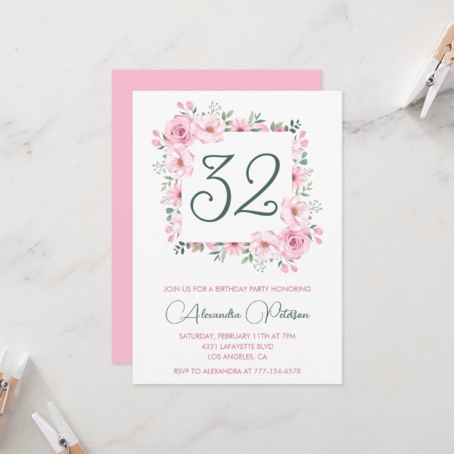 Convites de aniversário de 32 anos Elegantes Flora (Frente/Verso In Situ)