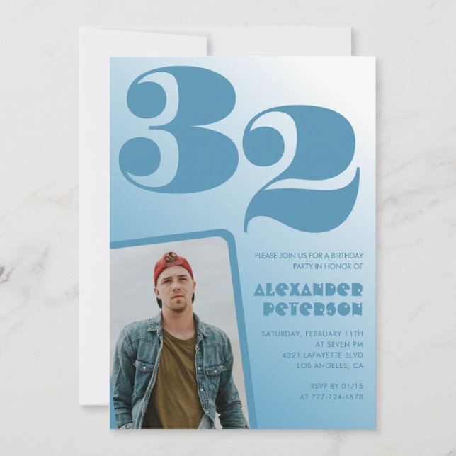 Convites de aniversário de 32 anos gradiente azul  (Frente)