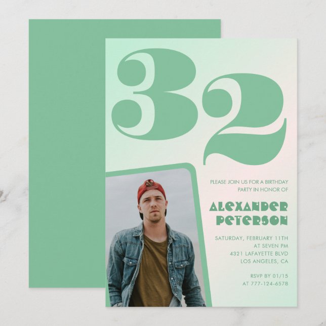 Convites de aniversário de 32 anos gradiente verde (Frente/Verso)