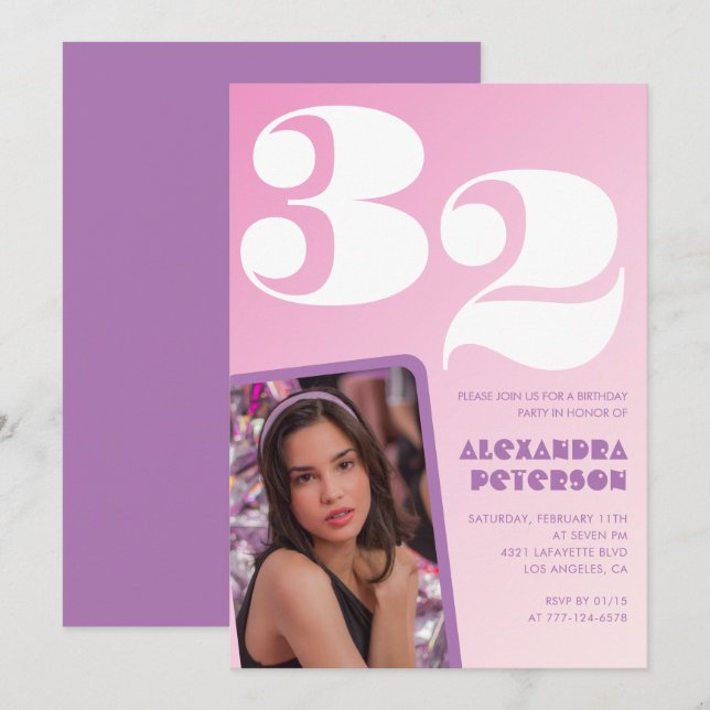 Convites de aniversário de 32 anos rosa Foto retrô (Frente/Verso)