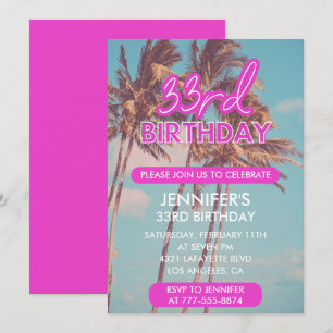 convites de aniversário de 33 anos brilho neon ros