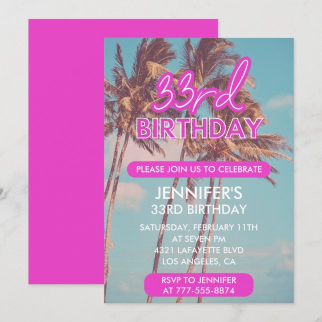 convites de aniversário de 33 anos rosa neon glow (Frente/Verso)
