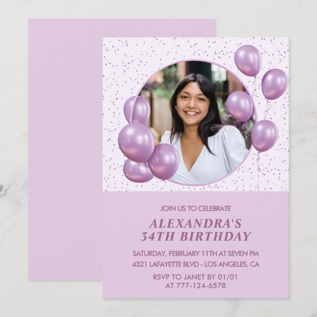 Convites de aniversário de 34 anos Balões Roxo (Frente/Verso)