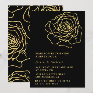 Convites de aniversário de 34 anos Black Gold Flor