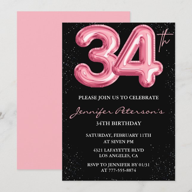 Convites de aniversário de 34 anos Black Pink Balã (Frente/Verso)