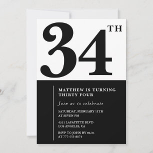 convites de aniversário de 34 anos Preto e Branco 