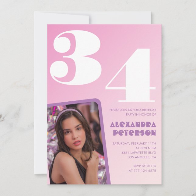 Convites de aniversário de 34 anos rosa Foto retrô (Frente)