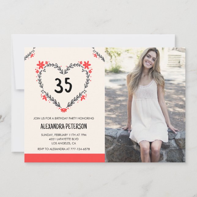 convites de aniversário de 35 anos com coração flo (Frente)