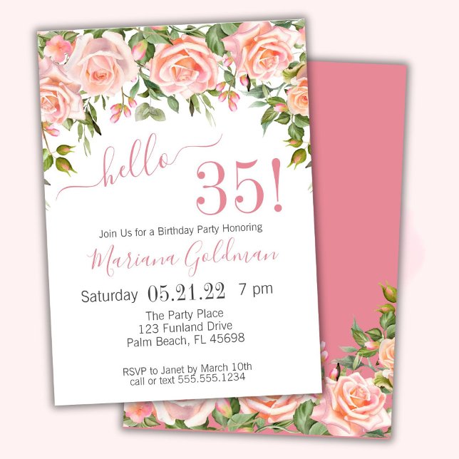 Convites de Aniversário de 35 Anos Floral Rosa Mod (Criador carregado)