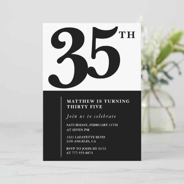convites de aniversário de 35 anos Preto e Branco  (Em pé/Frente)