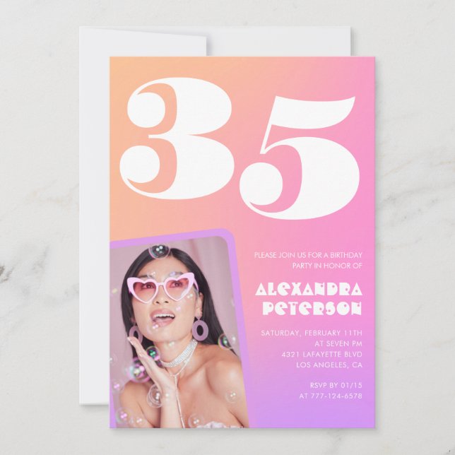 Convites de aniversário de 35 anos rosa Foto Retro (Frente)