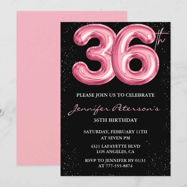 Convites de aniversário de 36 anos Black Pink Balã (Frente/Verso)