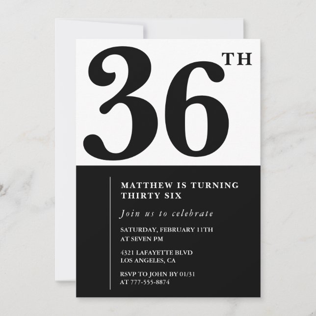 convites de aniversário de 36 anos Preto e Branco  (Frente)