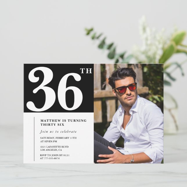 Convites de aniversário de 36 anos Preto e Branco  (Em pé/Frente)