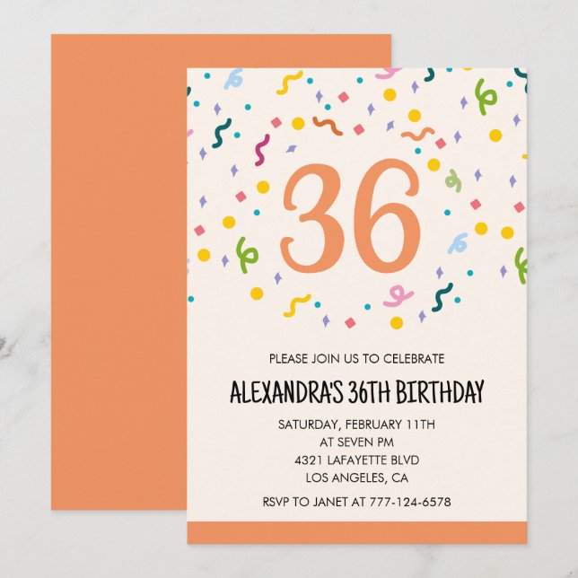 Convites de aniversário de 36 anos Simple Confetti (Frente/Verso)