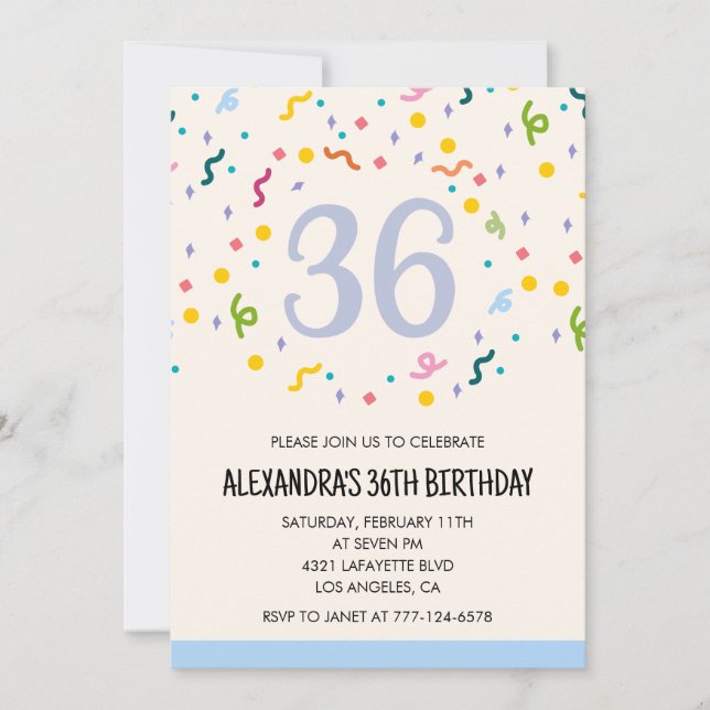 Convites de aniversário de 36 anos simples Confett (Frente)