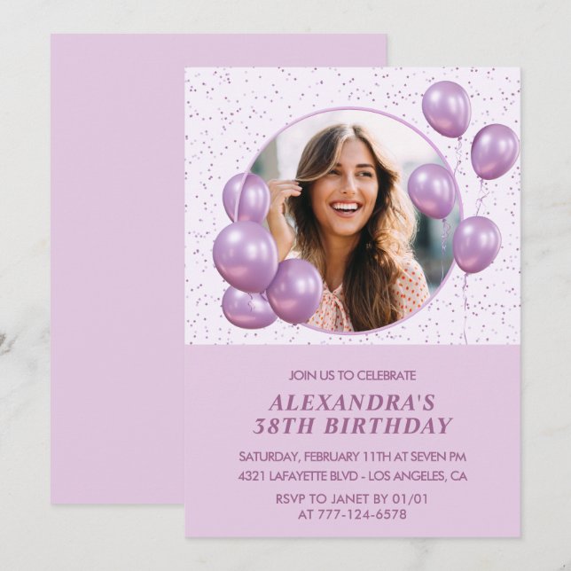 Convites de aniversário de 38 anos Balões Roxo (Frente/Verso)