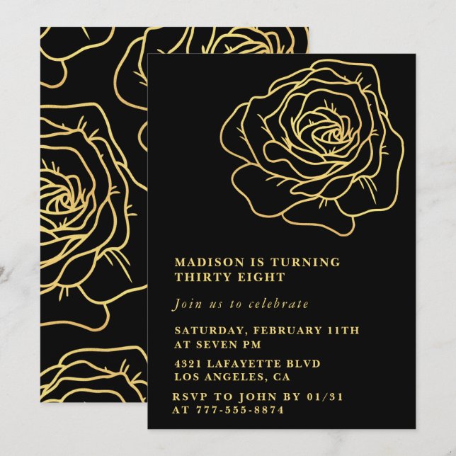 Convites de aniversário de 38 anos Black Gold Flor (Frente/Verso)