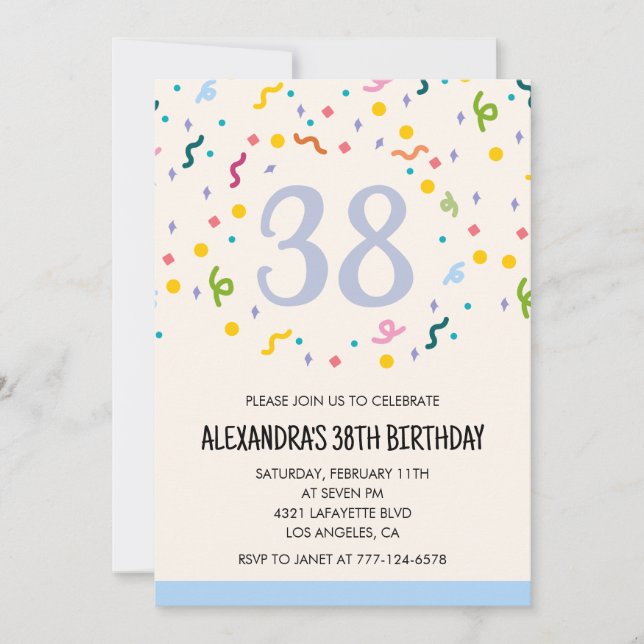 Convites de aniversário de 38 anos simples Confett (Frente)