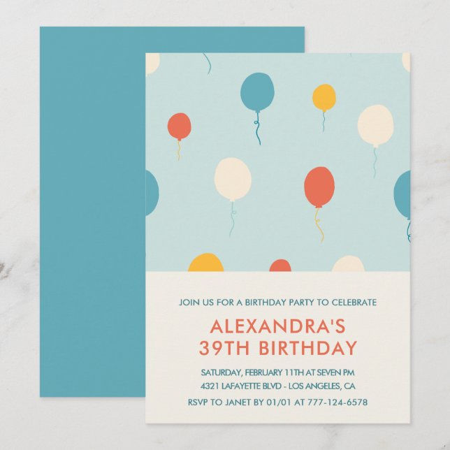 convites de aniversário de 39 anos Balões Modernos (Frente/Verso)