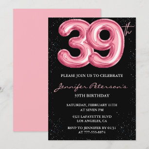 Convites de aniversário de 39 anos Black Pink Balã
