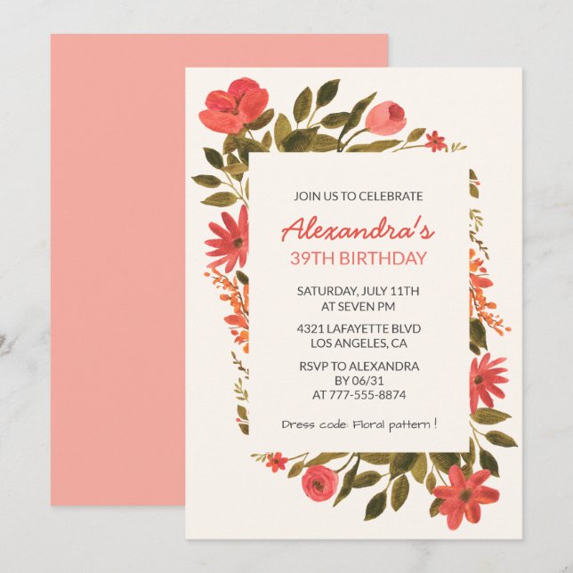 Convites de aniversário de 39 anos Florais Boho El (Frente/Verso)