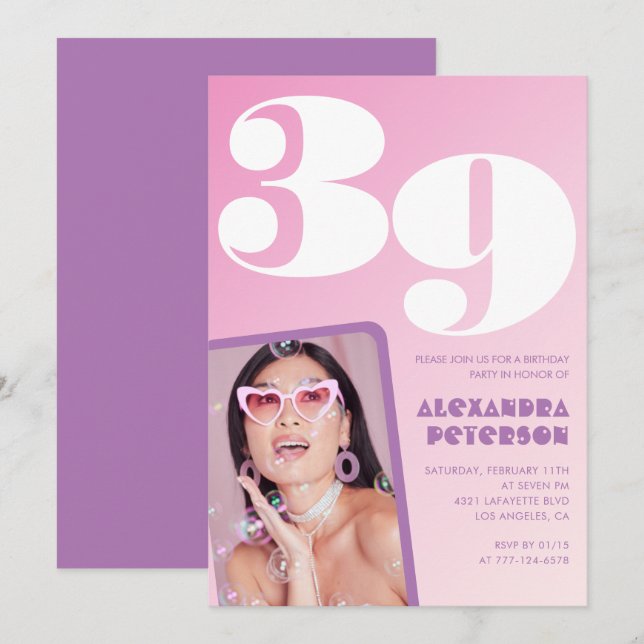 Convites de aniversário de 39 anos Pink Groovy Ret (Frente/Verso)