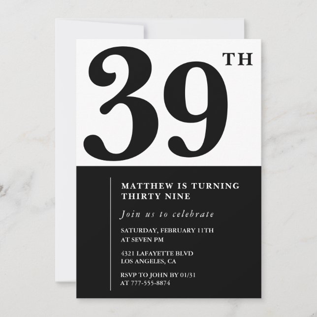 convites de aniversário de 39 anos Preto e Branco  (Frente)