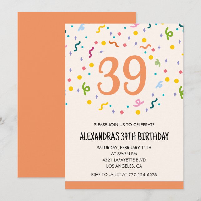 Convites de aniversário de 39 anos Simple Confetti (Frente/Verso)