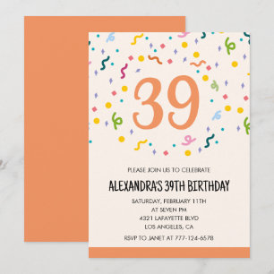 Convites de aniversário de 39 anos Simple Confetti