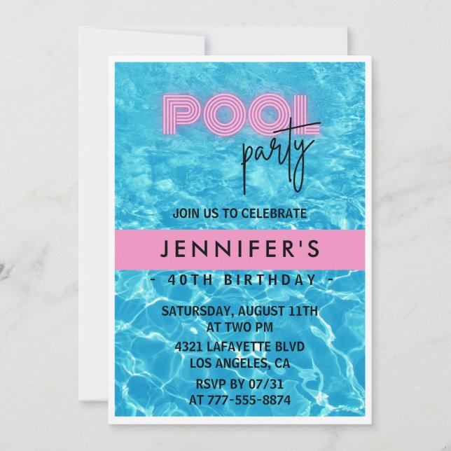 convites de aniversário de 40 anos Festa na Piscin (Frente)