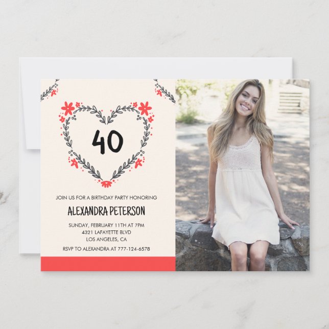 convites de aniversário de 40 anos floral coração (Frente)