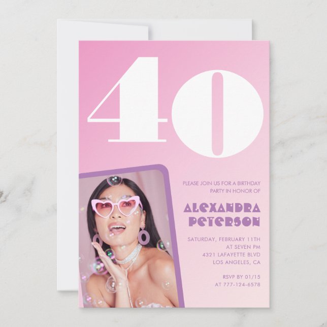 Convites de aniversário de 40 anos rosa Foto Retro (Frente)