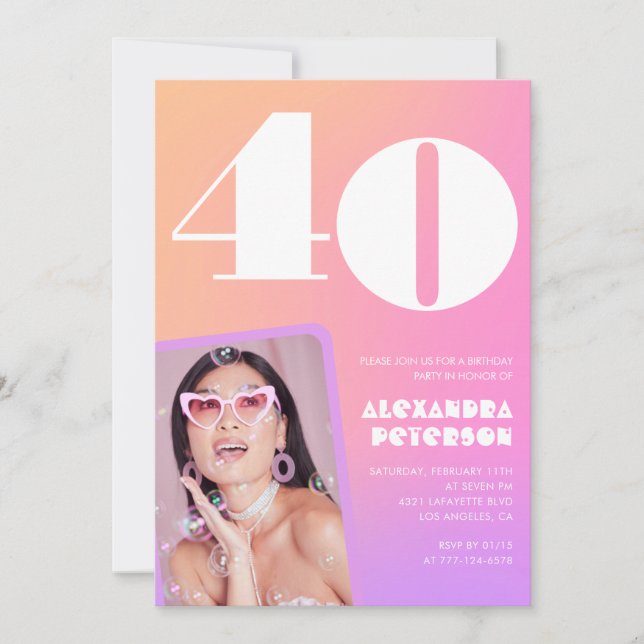 Convites de aniversário de 40 anos rosa Foto retrô (Frente)