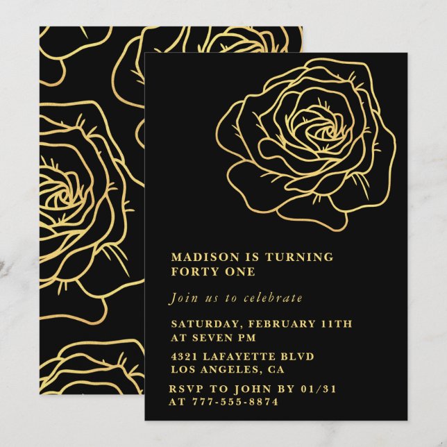 Convites de aniversário de 41 anos Black Gold Flor (Frente/Verso)