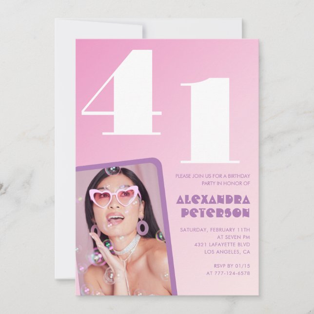 Convites de aniversário de 41 anos rosa Foto retrô (Frente)