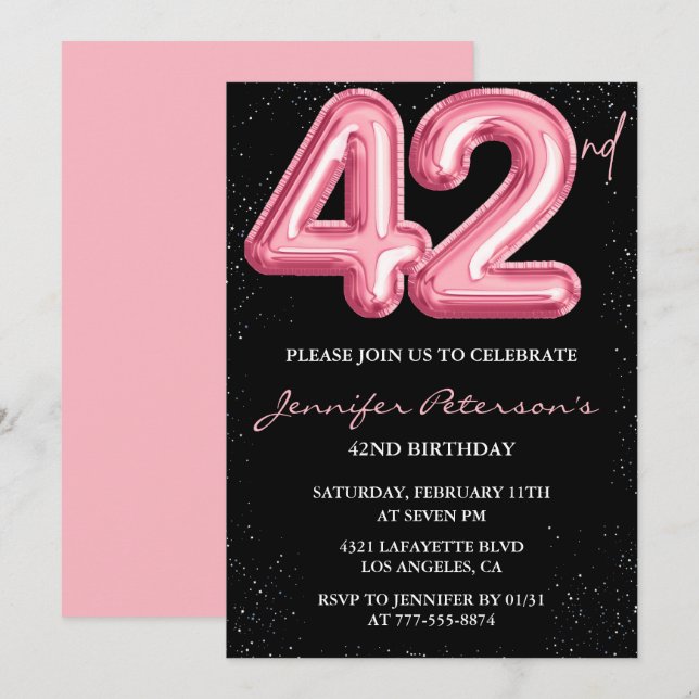 Convites de aniversário de 42 anos Black Pink Balã (Frente/Verso)