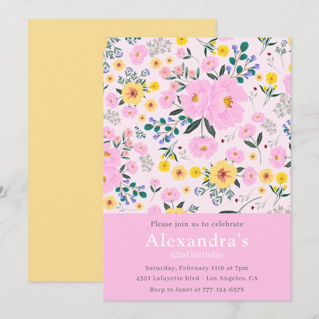 Convites de aniversário de 42 anos elegantes Flora (Frente/Verso)