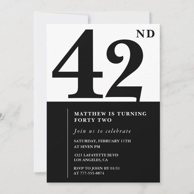 convites de aniversário de 42 anos Preto e Branco  (Frente)