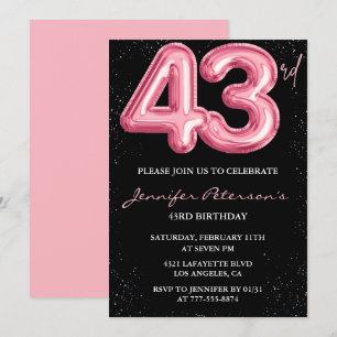 convites de aniversário de 43 anos Black Pink Balã