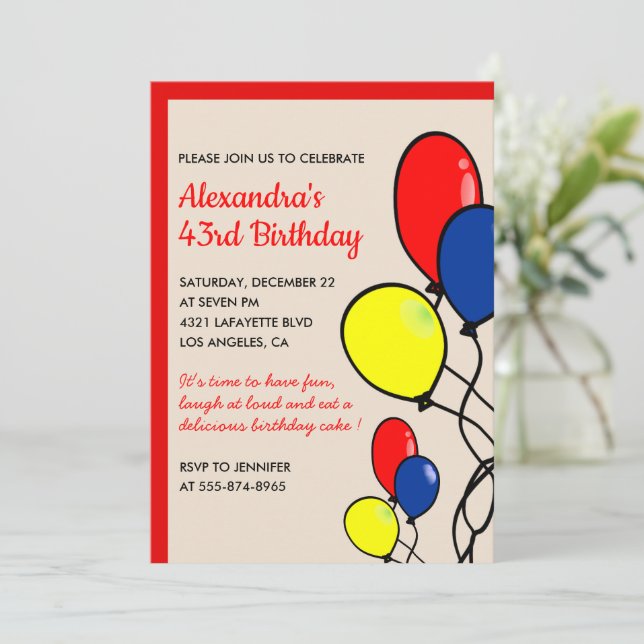 Convites de aniversário de 43 anos com balões simp (Em pé/Frente)