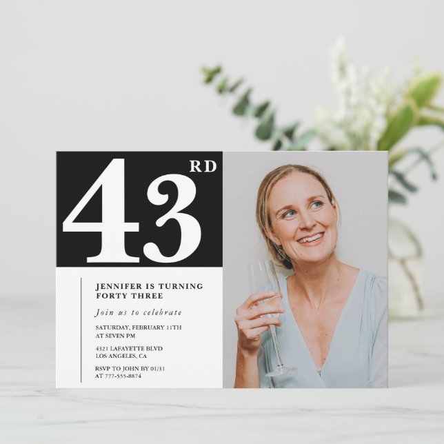 Convites de Aniversário de 43 anos com Foto Preto  (Em pé/Frente)