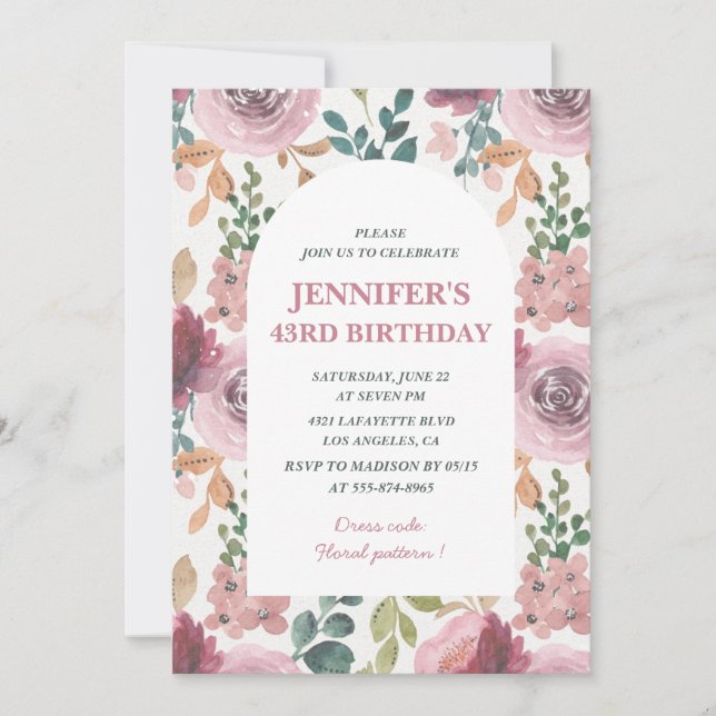 Convites de aniversário de 43 anos Floral Chic Aqu (Frente)