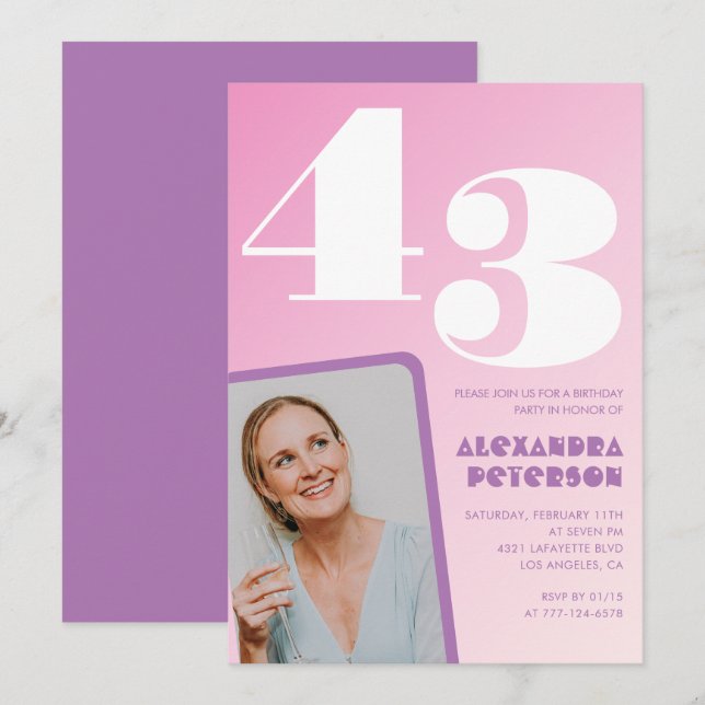 Convites de aniversário de 43 anos Pink Groovy Ret (Frente/Verso)