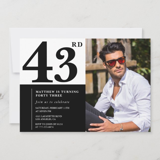 Convites de Aniversário de 43 Anos Preto e Branco  (Frente)