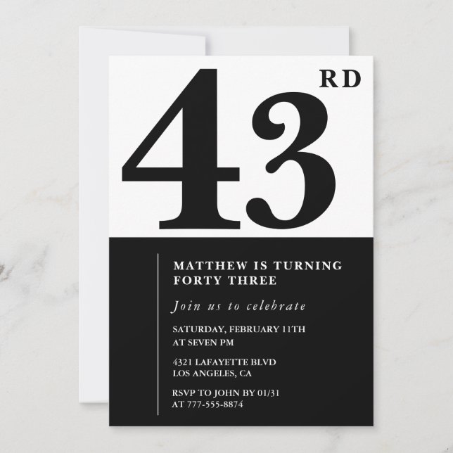 convites de aniversário de 43 anos Preto e Branco  (Frente)