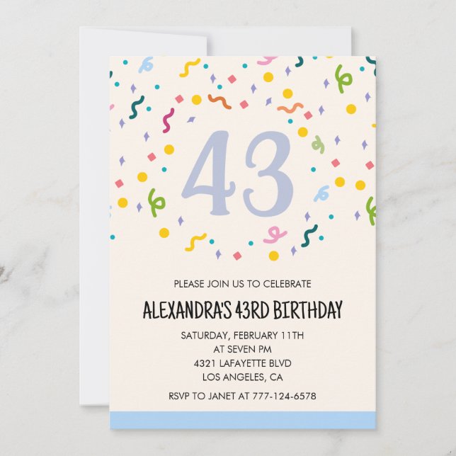 Convites de aniversário de 43 anos simples Confete (Frente)