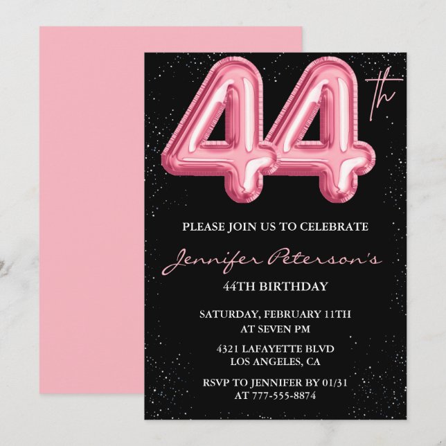 Convites de aniversário de 44 anos Black Pink Balã (Frente/Verso)
